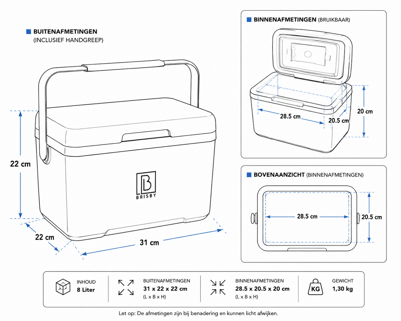 Brisby Koelbox 8L blauw - tot 40 uur isolatie - incl. 2 koelelementen - temperatuur veilige sluiting