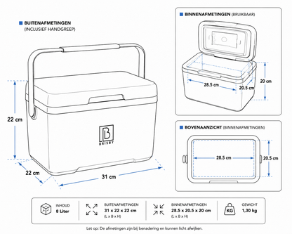 Brisby Koelbox 8L blauw - tot 40 uur isolatie - incl. 2 koelelementen - temperatuur veilige sluiting
