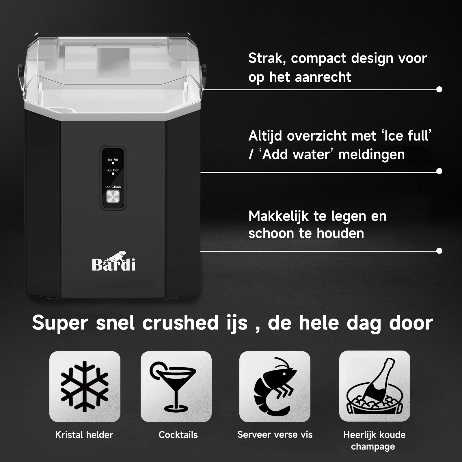 Bardi 1.1L - Nugget IJsblokjesmachine Square - Crushed Ice Maker met IJsschep - 15kg/24 uur - Ijsblokjesmaker - Met Luxe Thermosbeker - Zwart met citruspers zwart