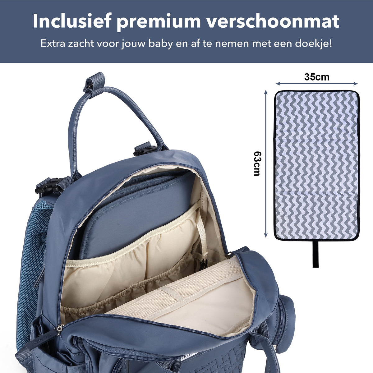 Brisby Premium Luiertas – Uitgebreide en Functionele Verzorgingstas – met buggymontage – Anti Diefstal Vakken - Reistrolley Sleeve - Inclusief verschoonmatje t.w.v.15,99 euro en speenhouder - Levenslange Garantie - Nordic Blue