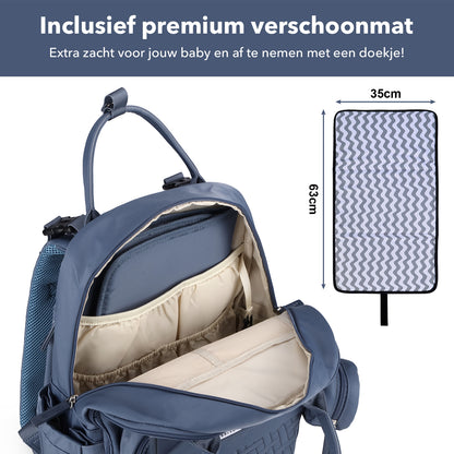 Brisby Premium Luiertas – Uitgebreide en Functionele Verzorgingstas – met buggymontage – Anti Diefstal Vakken - Reistrolley Sleeve - Inclusief verschoonmatje t.w.v.15,99 euro en speenhouder - Levenslange Garantie - Nordic Blue