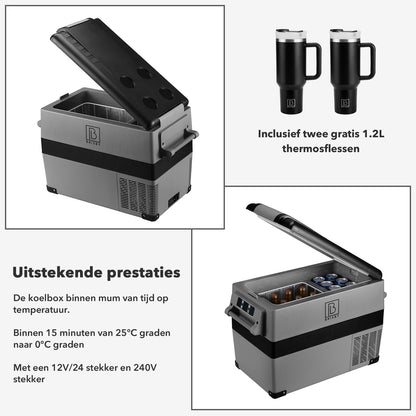 Compressor koelbox 40,5L - Dual zone - koelen en vriezen - 12V en 230V - incl. 2x 1,2L thermosbekers