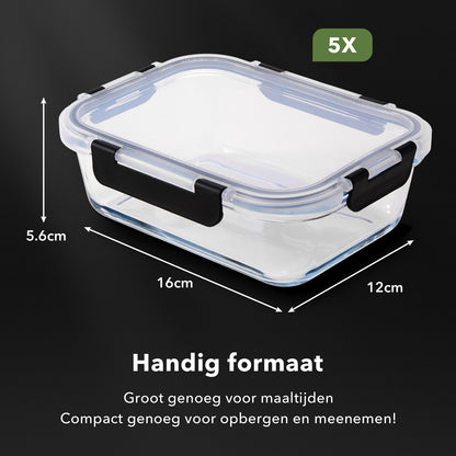 BARDI 5 Delige Glazen Meal Prep Bakjes Inclusief 10 Stuks Wonderspons - Glazen Vershoudbakjes - Glazen Opbergbakken - Diepvriesbakken - Luchtdicht - BPA Vrij - 1060ML - Glas - Zwarte Clips