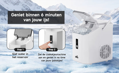 Bardi 1.1L - Nugget IJsblokjesmachine Square - Crushed Ice Maker met IJsschep - 15kg/24 uur - Ijsblokjesmaker - Met Luxe Thermosbeker - WIT met citruspers Zwart
