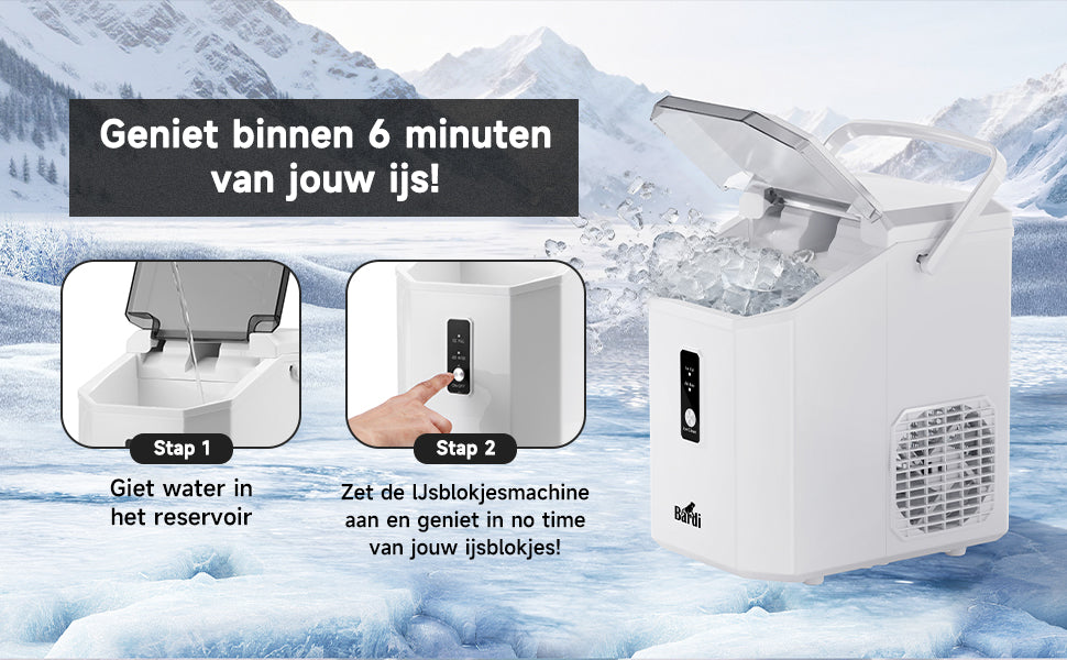Bardi 1.1L - Nugget IJsblokjesmachine Square - Crushed Ice Maker met IJsschep - 15kg/24 uur - Ijsblokjesmaker - Met Luxe Thermosbeker - WIT met citruspers Zwart