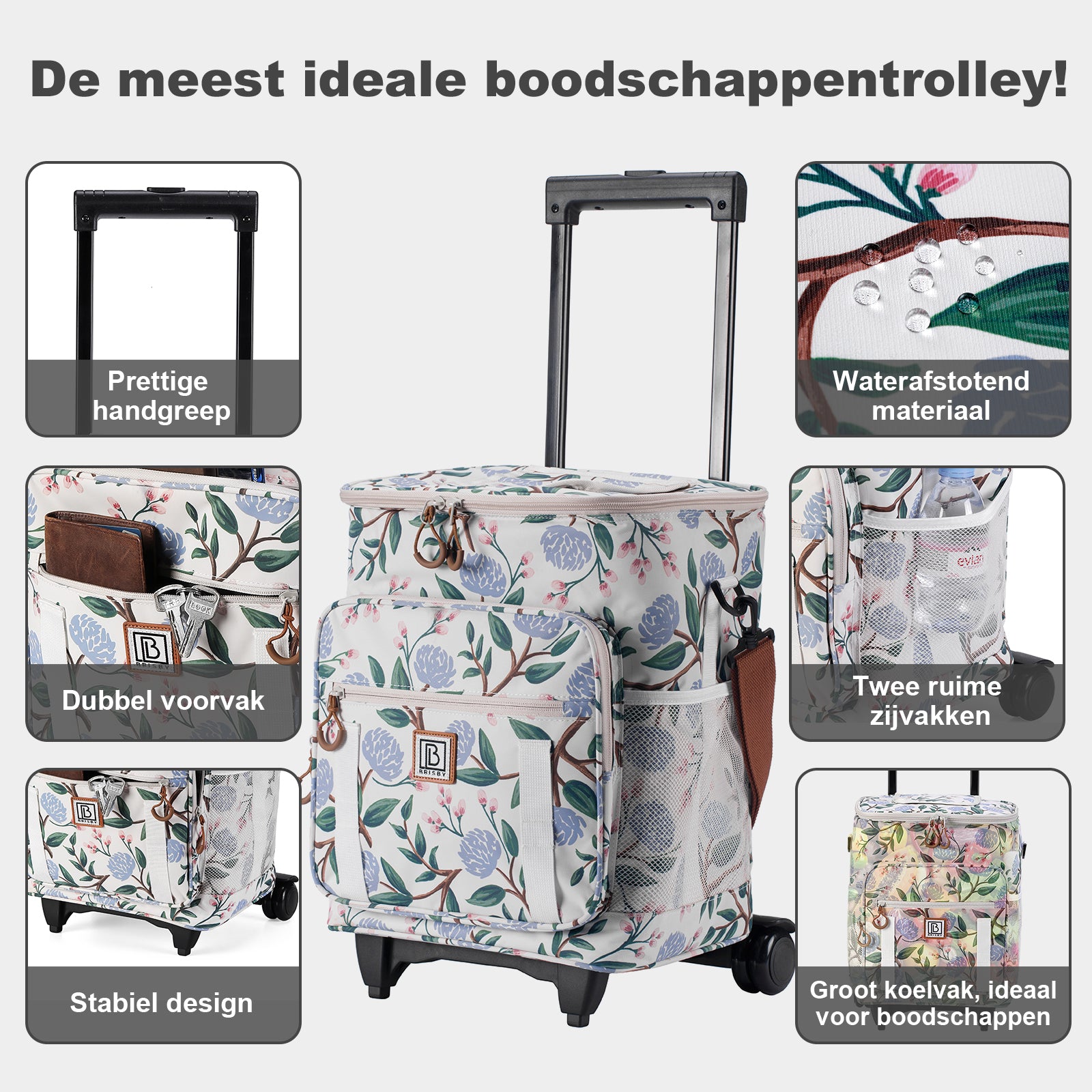 Brisby Boodschappentrolley met Koelvak – 32L Ruimte – Ideaal voor Boodschappen – Inclusief Koelelementen – Waterafstotend – Verstelbaar Handvat – White Flower