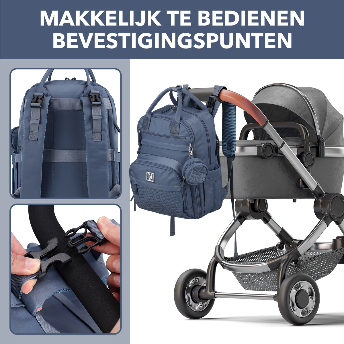 Brisby Premium Luiertas – Uitgebreide en Functionele Verzorgingstas – met buggymontage – Anti Diefstal Vakken - Reistrolley Sleeve - Inclusief verschoonmatje t.w.v.15,99 euro en speenhouder - Levenslange Garantie - Nordic Blue
