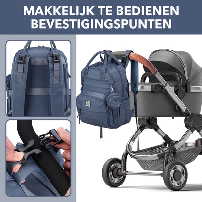 Brisby Premium Luiertas – Uitgebreide en Functionele Verzorgingstas – met buggymontage – Anti Diefstal Vakken - Reistrolley Sleeve - Inclusief verschoonmatje t.w.v.15,99 euro en speenhouder - Levenslange Garantie - Nordic Blue
