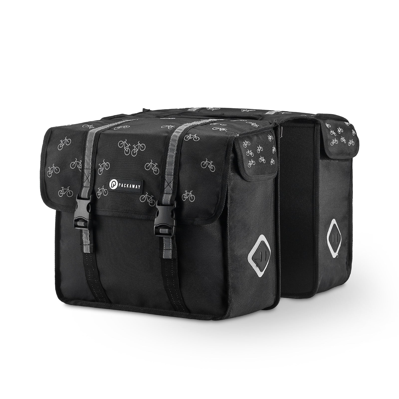 Packaway Double Panniers - Waterproof Panniers Electric Bike - Reflective - Bike Pattern Black 36 Liters