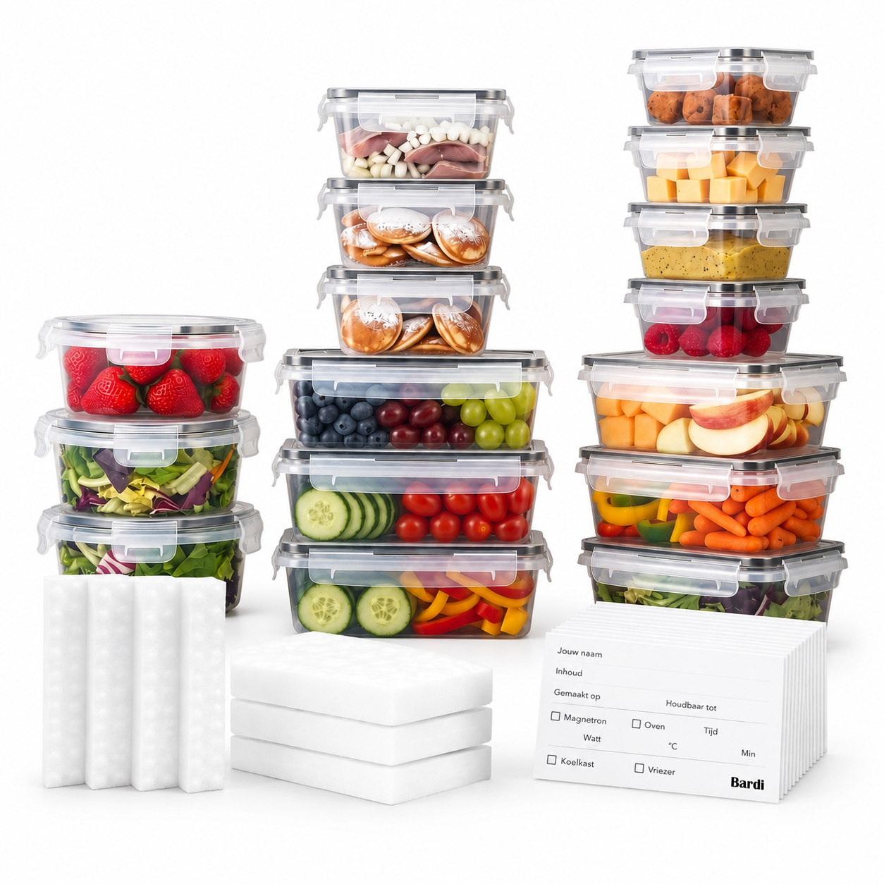 Bardi 12-Delige Glazen Vershoudbakjes – Meal Prep Bakjes Glas met Deksel – BPA & PFAS Vrij – Luchtdicht – Incl. 40 Bardi Prep & Store Labels + 10 Wondersponzen – 6,79L