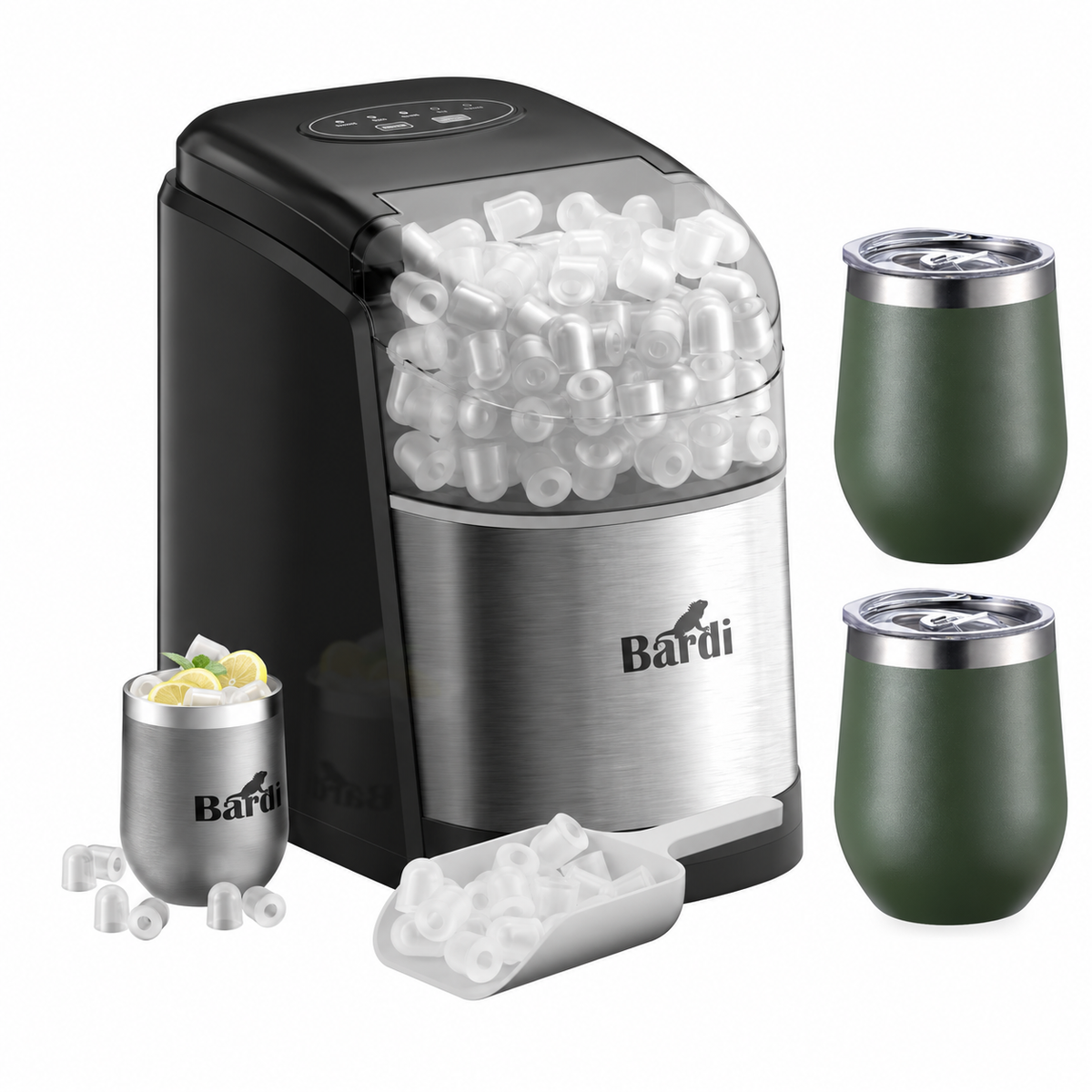 Bardi IJsblokjesmachine set 1,6L RVS - incl. 3 thermoscups groen en ijsschep