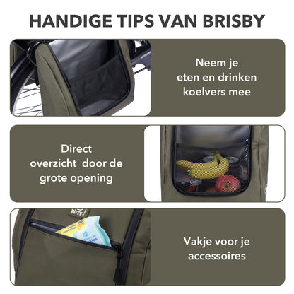 Brisby Dubbele Fietstas 34 Liter – Voor Gewone en Elektrische Fiets – Waterafstotend Polyester – Met Trekkoord, Gespsluiting en Reflectie – Groen