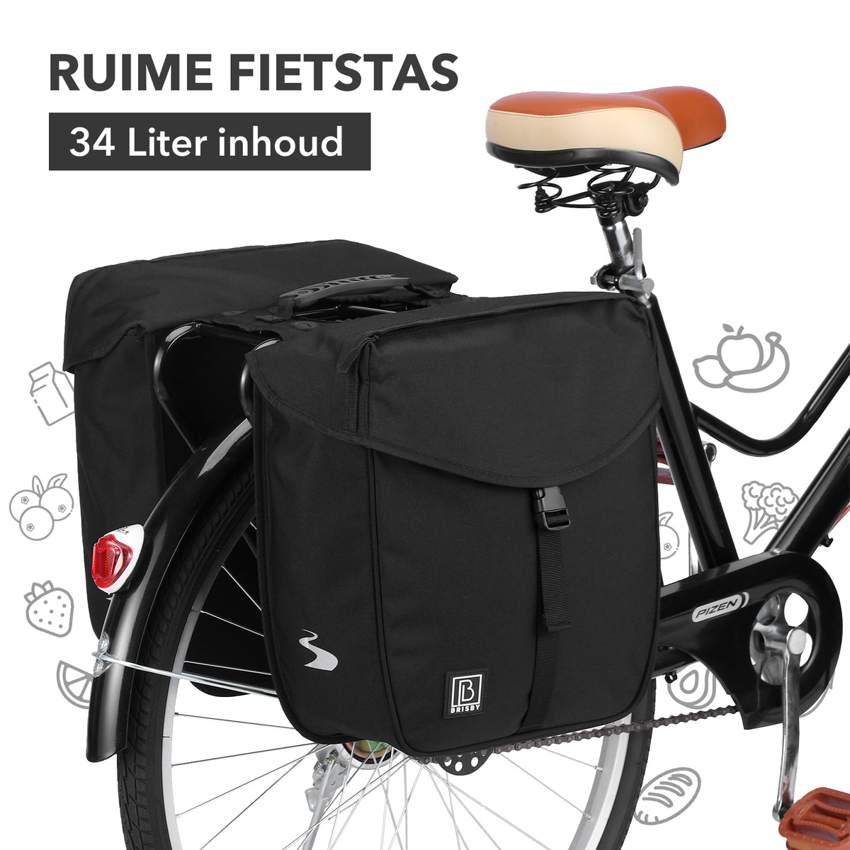Brisby Dubbele Fietstas 34 Liter – Voor Gewone en Elektrische Fiets – Waterafstotend Polyester – Met Trekkoord, Gespsluiting en Reflectie – Zwart