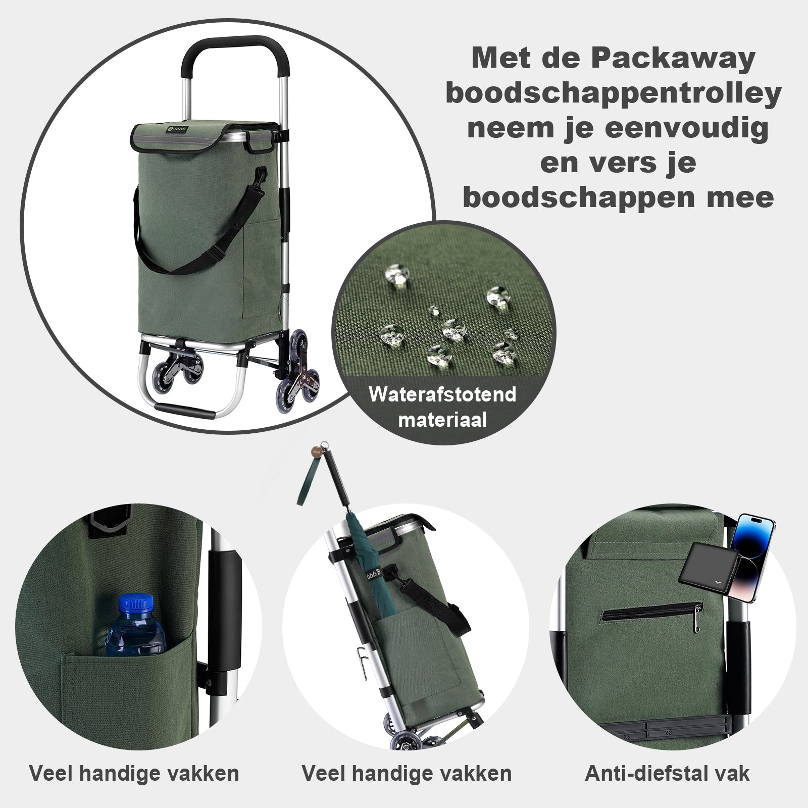 Boodschappentrolley 40L  met trapwielen groen - winkelwagen ophanging - opvouwbaar - telescopisch handvat