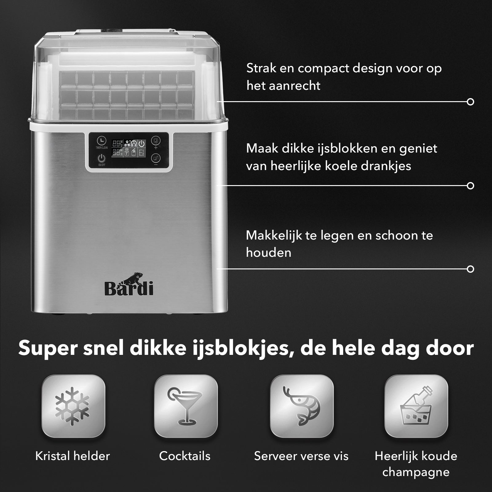 Bardi 3,2L Deluxe IJsblokjesmachine - Vierkante IJsblokmaker - LCD Display - 20Kg/24 uur. inclusief Thermosbeker en IJsschep- RVS met citruspers ZWART