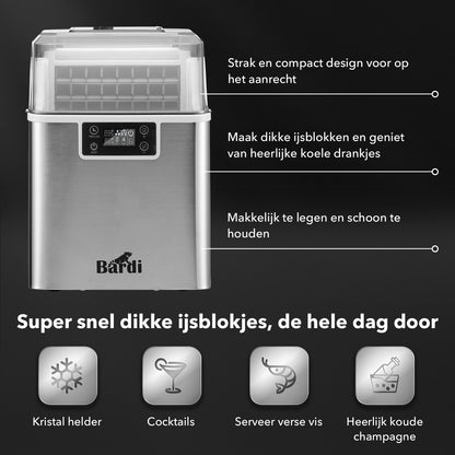 Bardi 3,2L Deluxe IJsblokjesmachine - Vierkante IJsblokmaker - LCD Display - 20Kg/24 uur. inclusief Thermosbeker en IJsschep- RVS met citruspers ZWART