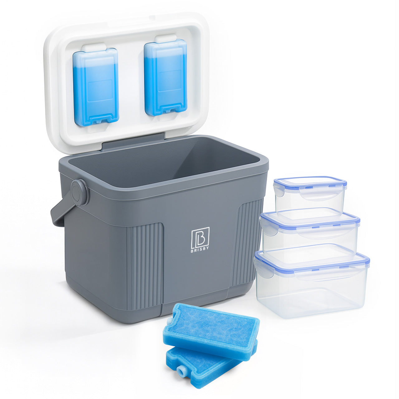 Brisby Koelbox 22L grijs + 3-delige vershoudbakjes set -  incl. 4 koelelementen