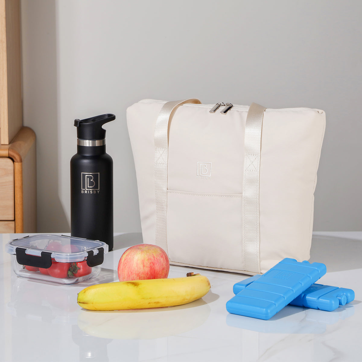 Brisby Koeltas Lunchtas 9L – 4-Laags Geïsoleerd – Inclusief 2 Koelelementen – Waterafstotend – Voor Werk, School & Onderweg - Crème