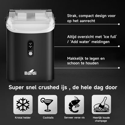 Bardi 1.1L - Nugget IJsblokjesmachine Rond - Crushed Ice Maker met IJsschep - 15kg/24 uur - Ijsblokjesmaker - Met Luxe Thermosbeker - Zwart - Citruspers Zwart