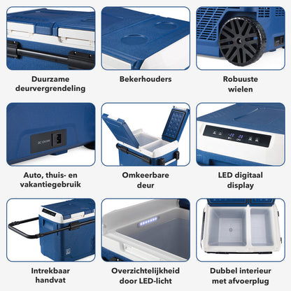 Compressor koelbox 49,1L en 8L koelbox blauw SET - Dual zone - koelen en vriezen - 12V en 230V - verrijdbaar - incl. 2x 1,2L thermosbekers