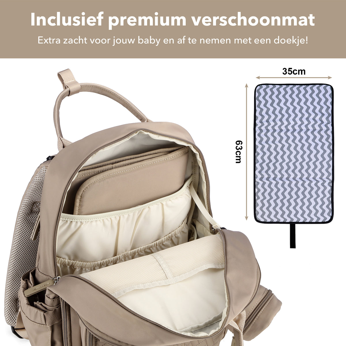 Brisby Premium Luiertas – Uitgebreide en Functionele Verzorgingstas – met buggymontage – Anti Diefstal Vakken - Reistrolley Sleeve - Inclusief verschoonmatje t.w.v.15,99 euro en speenhouder - Levenslange Garantie - Natural Greige