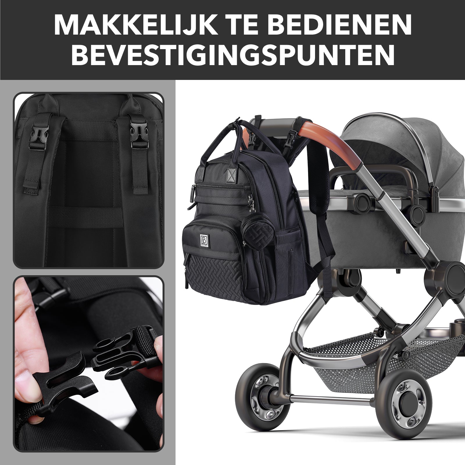 Premium luiertas zwart - uitgebreide en functionele verzorgingstas - met buggymontage - anti diefstal vakken - reistrolley sleeve - incl. verschoonmatje en speenhouder - levenslange garantie