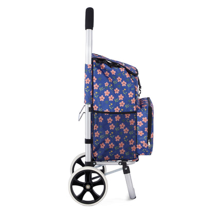 Packaway Boodschappentrolley 45L met Koelvak - Boodschappenwagen met Grote Wielen - Steekwagenfunctie - Waterafstotend - Blue Blossom
