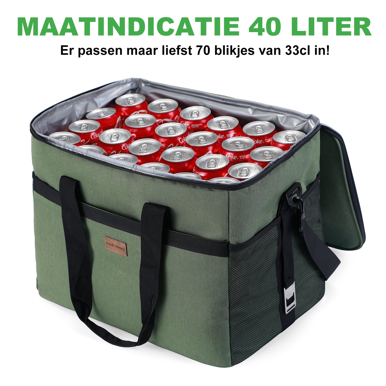 Koeltas 40L met divider groen - lunchtas - opvouwbaar - 4-laags geïsoleerd - incl. 6 gratis koelelementen en draagband