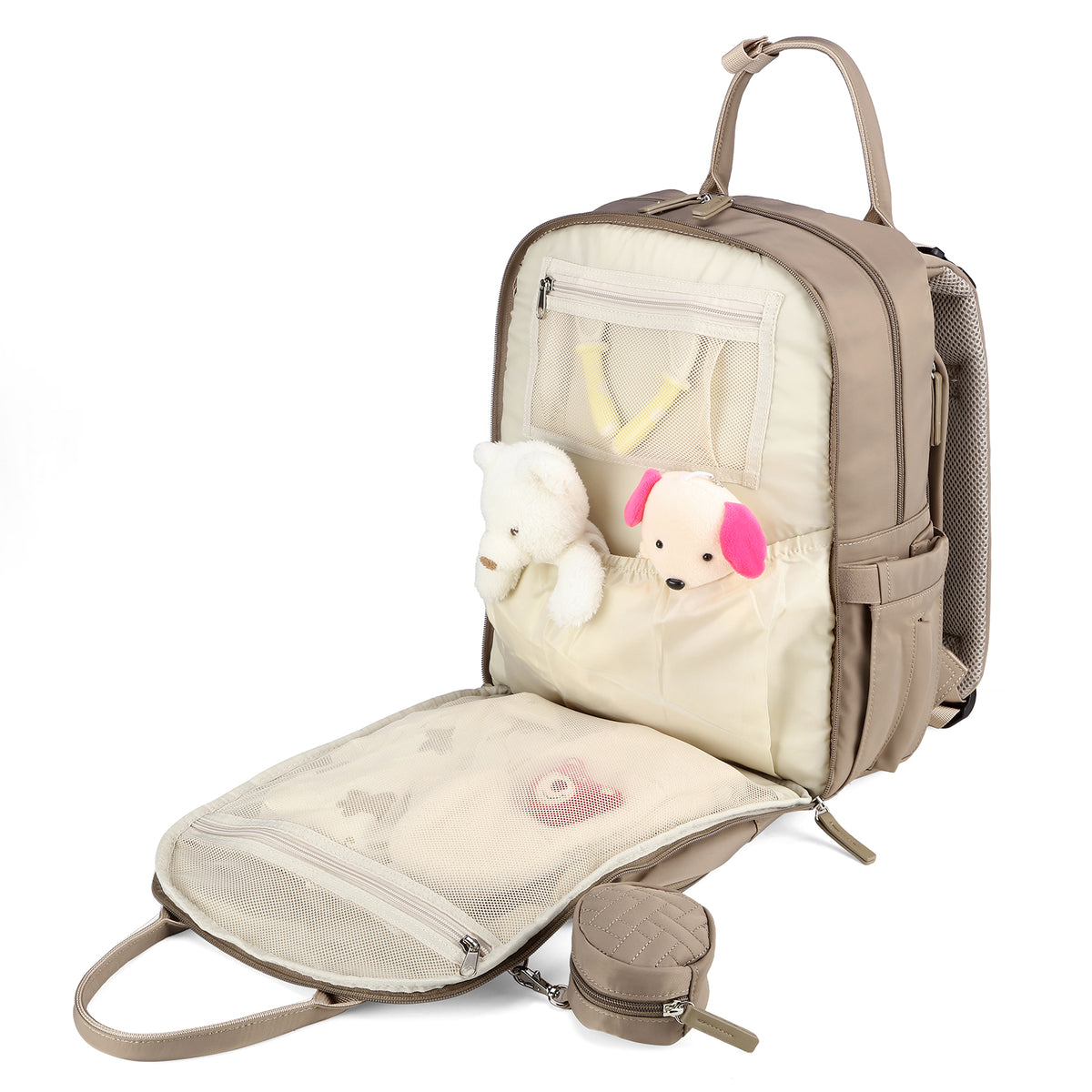 Brisby Premium Luiertas – Uitgebreide en Functionele Verzorgingstas – met buggymontage – Anti Diefstal Vakken - Reistrolley Sleeve - Inclusief verschoonmatje t.w.v.15,99 euro en speenhouder - Levenslange Garantie - Natural Greige