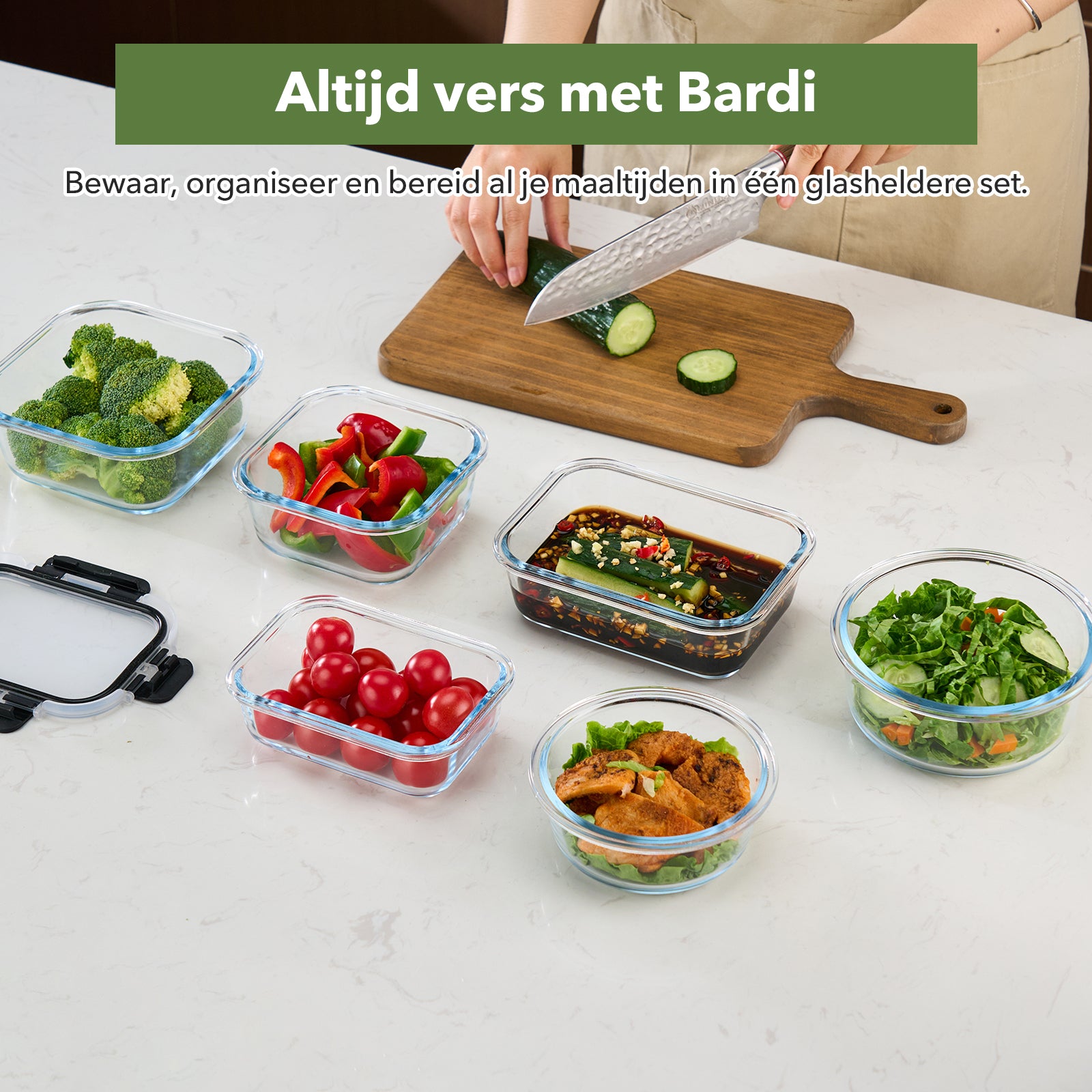 Bardi 12-Delige Glazen Vershoudbakjes – Meal Prep Bakjes Glas met Deksel – BPA & PFAS Vrij – Luchtdicht – Incl. 40 Bardi Prep & Store Labels + 10 Wondersponzen – 6,79L