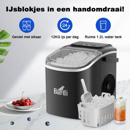 Bardi Deluxe IJsblokjesmachine 1,2L zwart - Zelfreinigingsfunctie - ijsblokmaker met ijsschep - Incl. luxe thermosbeker en ijsschep