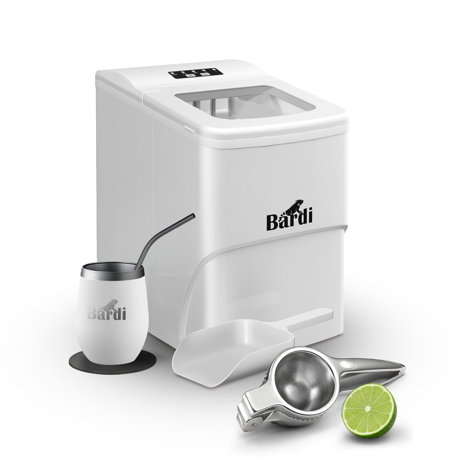 Bardi IJsblokjesmachine Set - 2 Liter - 12KG IJsblokjes in 24 uur - met IJsschep - Inclusief 1 Luxe Thermosbeker - Wit - Citruspers RVS