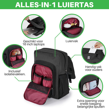 Two-tone slijtvaste luiertas grijs en zwart - verzorgingstas - incl. buggymontage en verschoningsmat