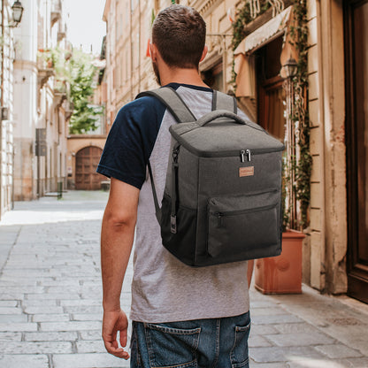 Koeltas rugzak 25L grijs - Waterafstotend - anti diefstal vak - 4 laags geïsoleerd - Incl. 2 gratis koelelementen en gratis flessenopener