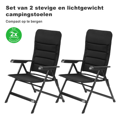 Bardi 2 Stuks Luxe Campingstoelen - 7 standen - Comfortabele Kampeerstoel - 120 kg draagvermogen - Ligstand - Inklapbare stoel - Klapstoel - Lichtgewicht - ZWART