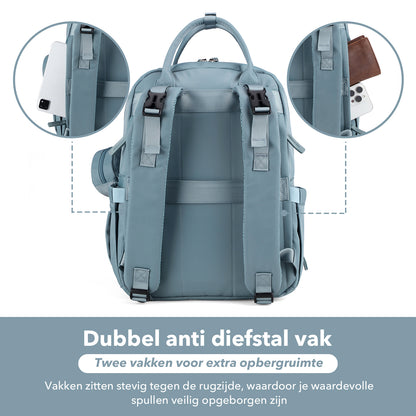 Brisby Premium Luiertas – Uitgebreide en Functionele Verzorgingstas – met buggymontage – Anti Diefstal Vakken - Reistrolley Sleeve - Inclusief verschoonmatje t.w.v.15,99 euro en speenhouder - Levenslange Garantie - Misty Blue