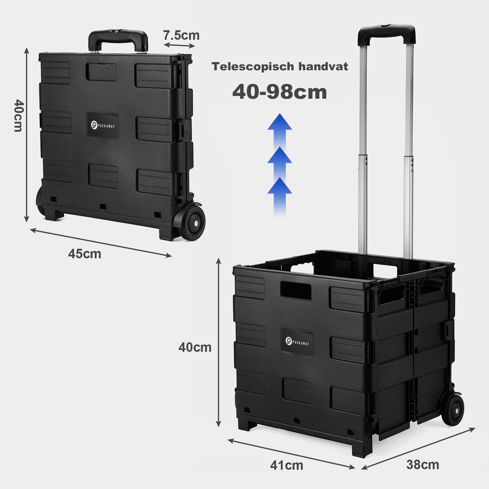 Packaway XL Opvouwbare Boodschappentrolley met wielen - Boodschappenkrat - Opbergbox - Boodschappenwagen - Vouwkrat - 50 Liter - Zwart