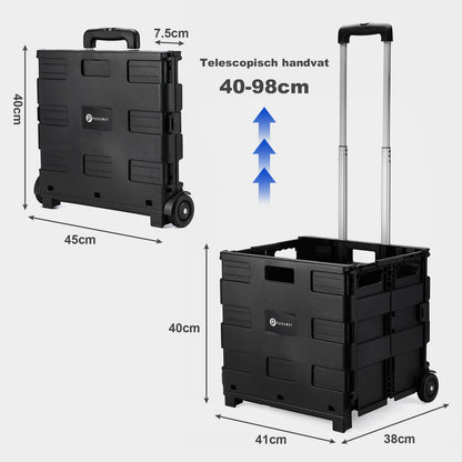 Boodschappentrolley 50L XL zwart - boodschappenkrat - opbergbox - boodschappenwagen - vouwkrat - 35 kg draagvermogen - met deksel en telescopisch handvat