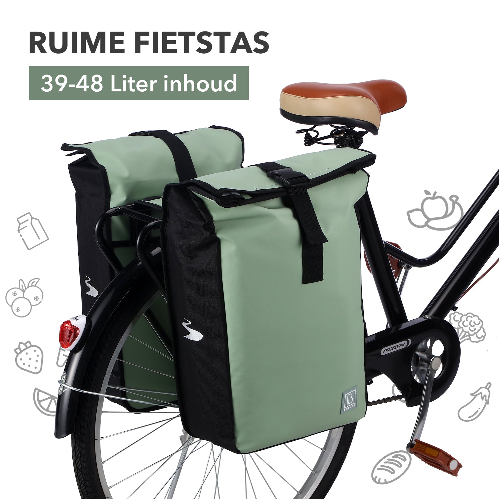 Brisby Dubbele Fietstas Rolltop Zwart 39-48L Waterdicht Geschikt voor Elektrische Fietsen & E-Bike - Groen