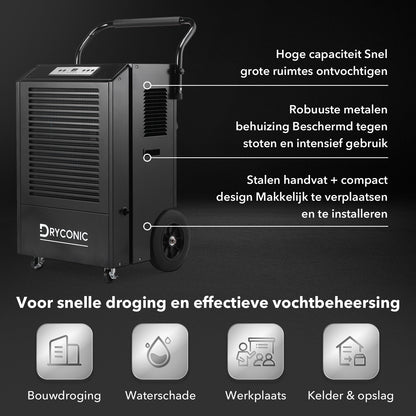 Dryconic Bouwdroger 90L - Professionele luchtontvochtiger - ContinuousDrain® - Auto-Defrost - JobSite™ metalen behuizing - Extra grote luchtinlaat