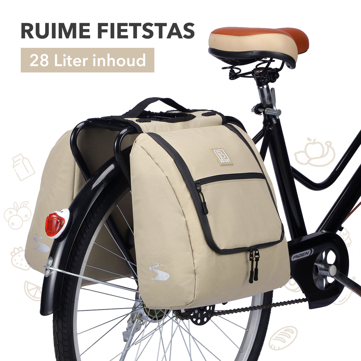Brisby Dubbele Fietstas 28 Liter – Koeltas en Lunchtas – 4-laags Geïsoleerd – Voor Gewone en Elektrische Fiets – Waterafstotend met Waterdichte Ritsen – Natural Champagne