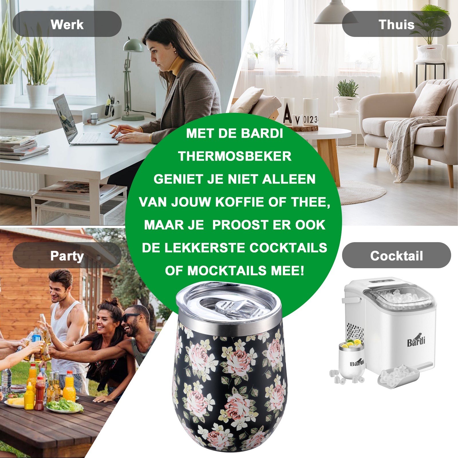 Thermosbeker set black flower - 2 bekers met lekvrije deksels - dubbelwandig - 360ml