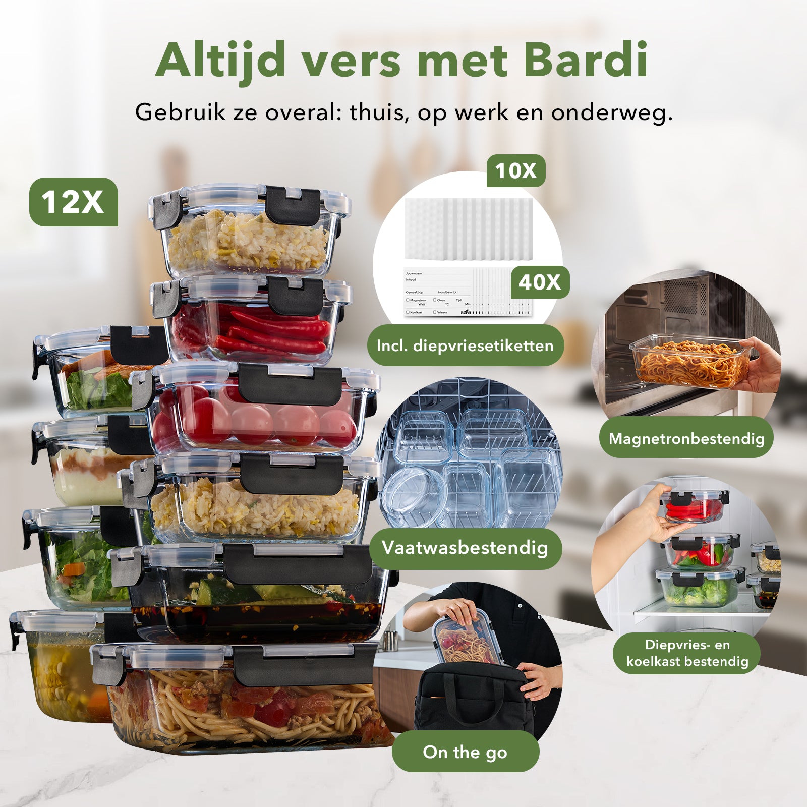 Bardi 12-Delige Glazen Vershoudbakjes – Meal Prep Bakjes Glas met Deksel – BPA & PFAS Vrij – Luchtdicht – Incl. 40 Bardi Prep & Store Labels + 10 Wondersponzen – 6,79L