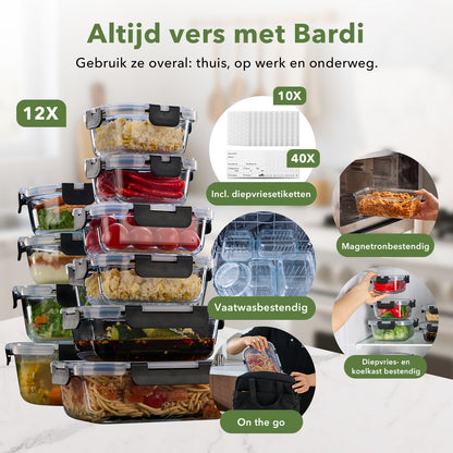Bardi 12-Delige Glazen Vershoudbakjes – Meal Prep Bakjes Glas met Deksel – BPA & PFAS Vrij – Luchtdicht – Incl. 40 Bardi Prep & Store Labels + 10 Wondersponzen – 6,79L