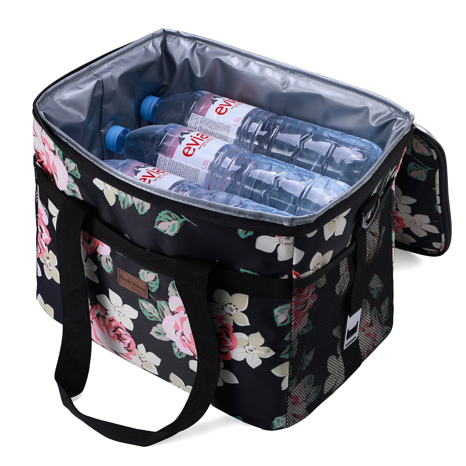 Koeltas 30L black flower - lunchtas - opvouwbaar - 4-laags geïsoleerd - incl. 4 gratis koelelementen en draagband