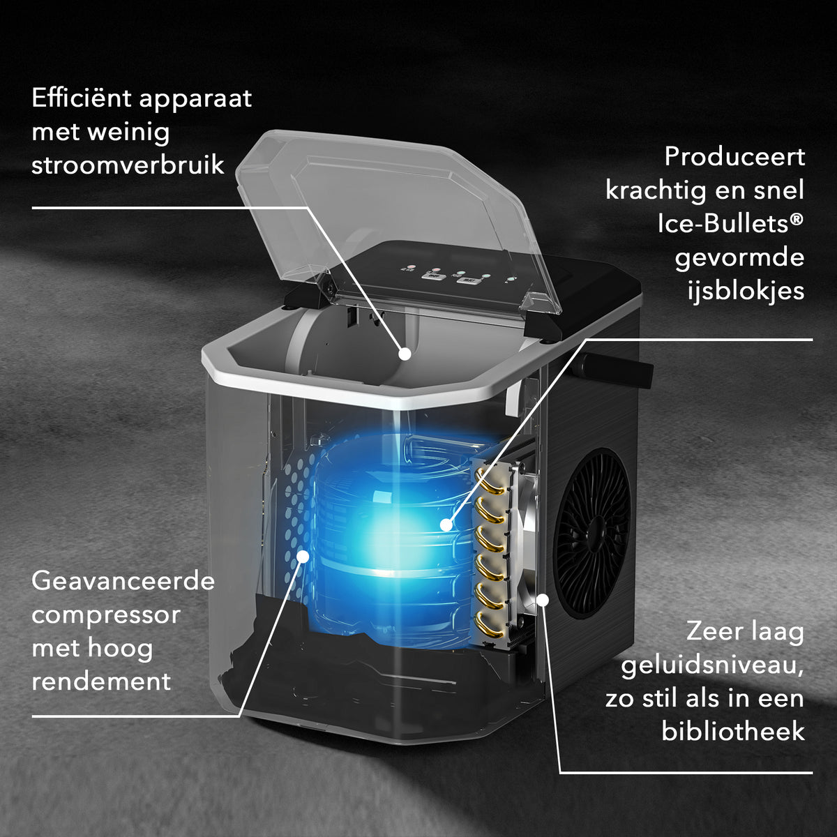 Bardi 1.3L Deluxe IJsblokjesmachine Square – IJsblokmaker Inclusief Luxe Thermosbeker en IJsschep – 9 Blokjes in 8 Minuten – RVS
