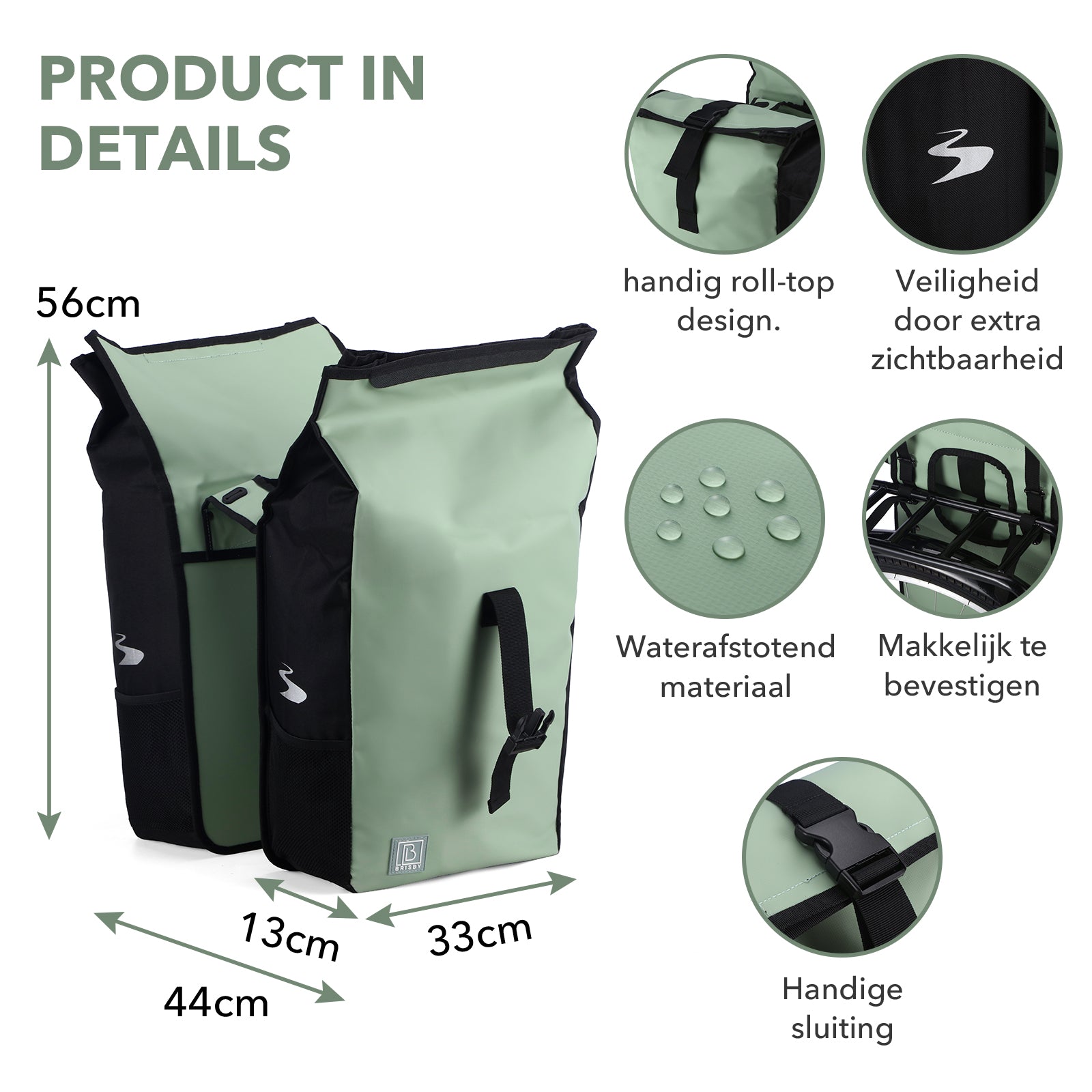 Brisby Dubbele Fietstas Rolltop Zwart 39-48L Waterdicht Geschikt voor Elektrische Fietsen & E-Bike - Groen