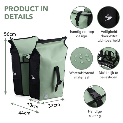 Brisby Dubbele Fietstas Rolltop Zwart 39-48L Waterdicht Geschikt voor Elektrische Fietsen & E-Bike - Groen
