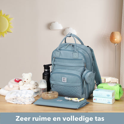 Brisby Premium Luiertas – Uitgebreide en Functionele Verzorgingstas – met buggymontage – Anti Diefstal Vakken - Reistrolley Sleeve - Inclusief verschoonmatje t.w.v.15,99 euro en speenhouder - Levenslange Garantie - Misty Blue