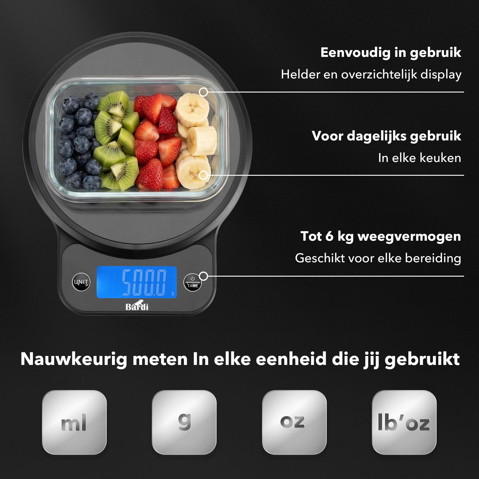 Bardi Digitale keukenweegschaal - Tarra functie - 1 g tot 10 kg - zwart